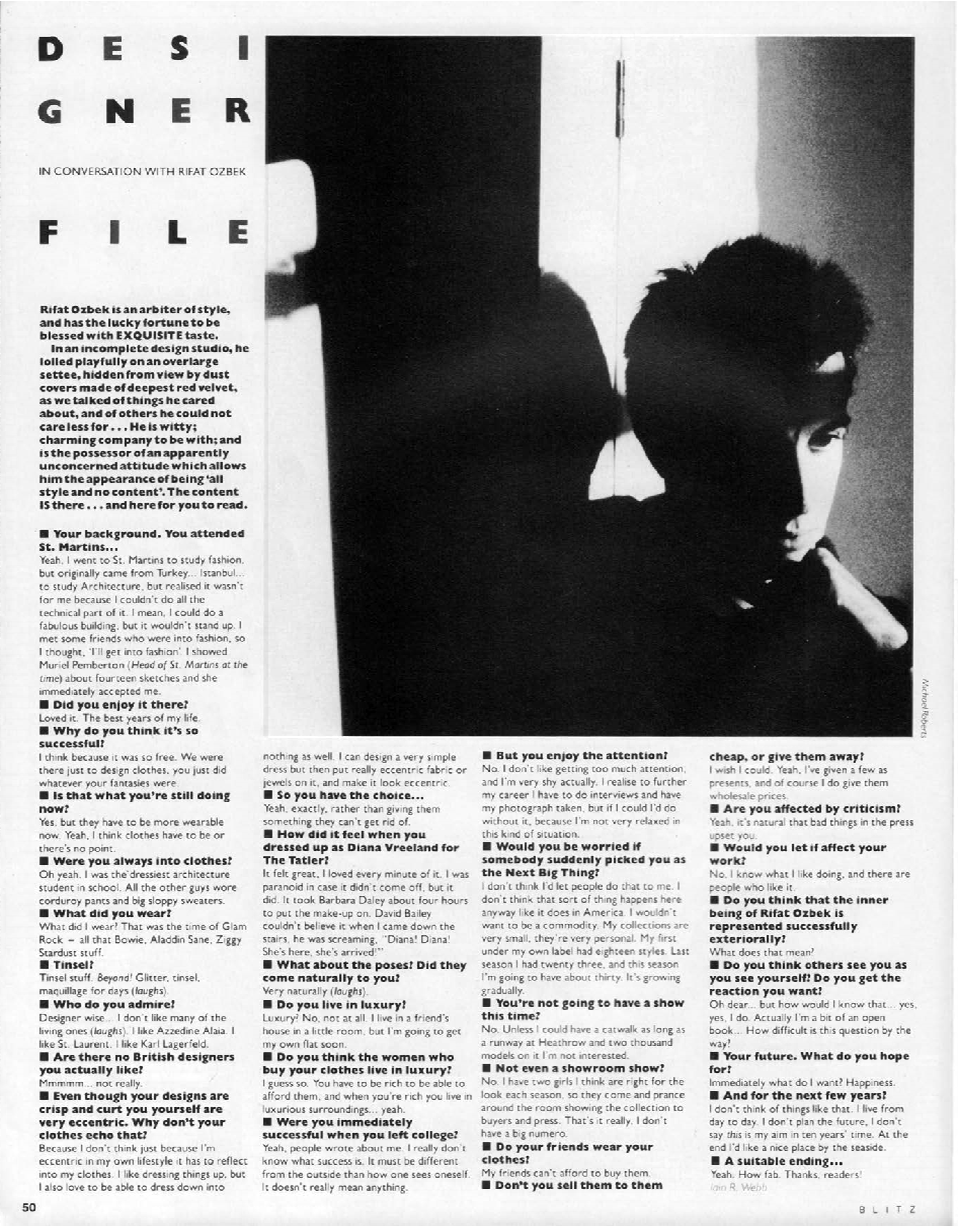 BLITZ 36 Nov 1985 Rifat Ozbek interview by Iain R Webb