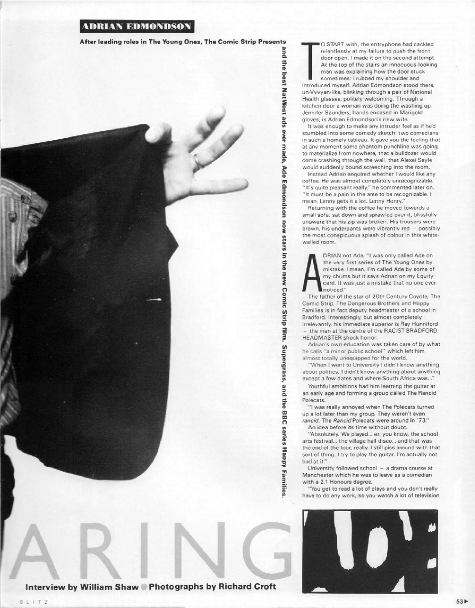 BLITZ 36 Nov 1985 Adrian Edmondson photograph by Richard Croft interview by William Shaw