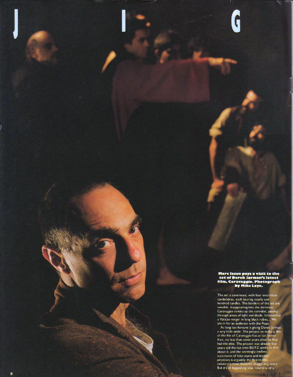 BLITZ 36 Nov 1985 Derek Jarman on the set of Caravaggio photograph by Mike Laye