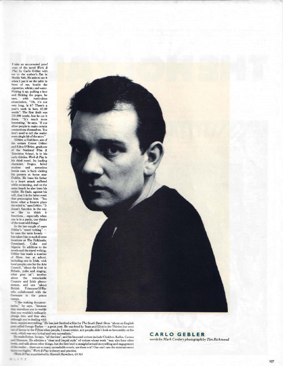 BLITZ 54 Jun 1987 Carlo Gebler interview by Mark Cordery photograph by Tim Richmond